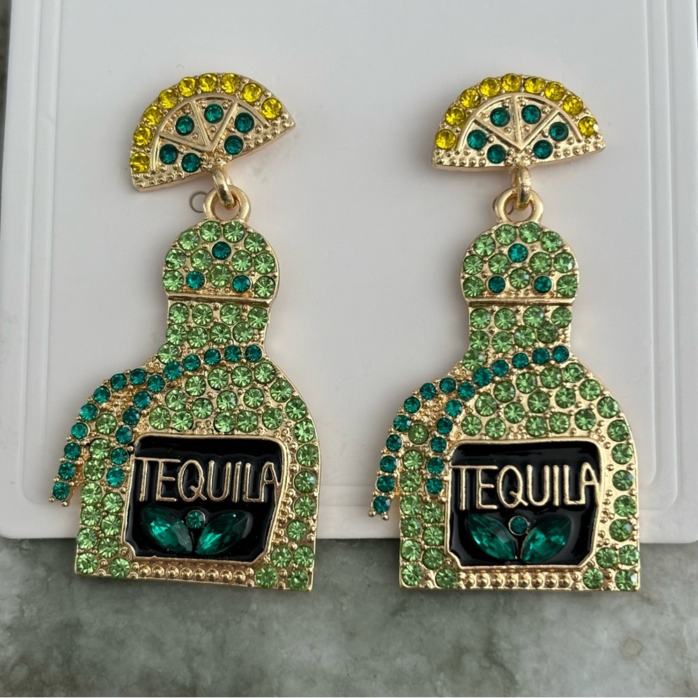 Tequila Bottle Rhinestone Goldtone Sparkle Earrings